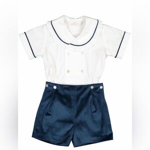 Sal & Pimenta Mysterious Blue Velvet Boy Set 12M Ruffle PeterPan Collar Baby